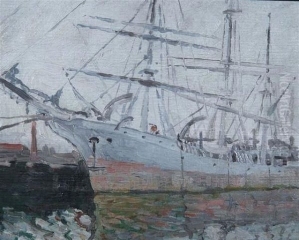 Tall Ship Docked In Harbour Oil Painting by Walter Elmer Schofield