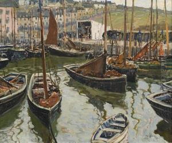 A Busy Cornish Harbor Oil Painting by Walter Elmer Schofield