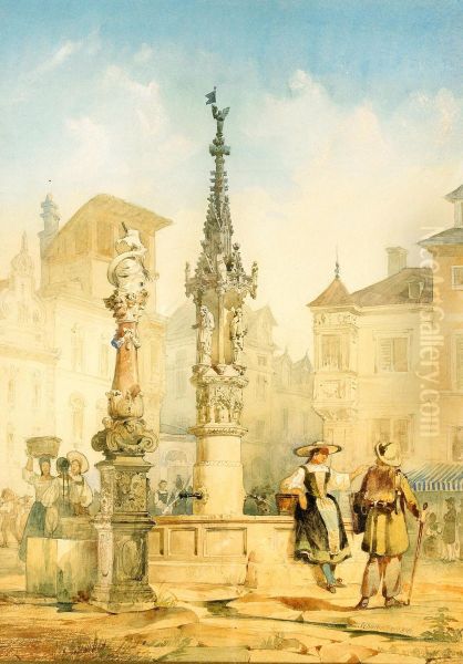 Samling Vid Brunnen - Kontinental Stadsmiljo Oil Painting by Fredrik Wilhelm Scholander