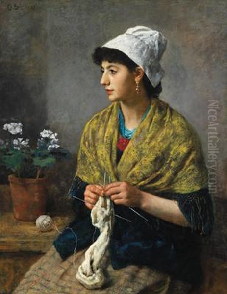 Ragazza Che Lavora A Maglia Oil Painting by Otto Scholderer