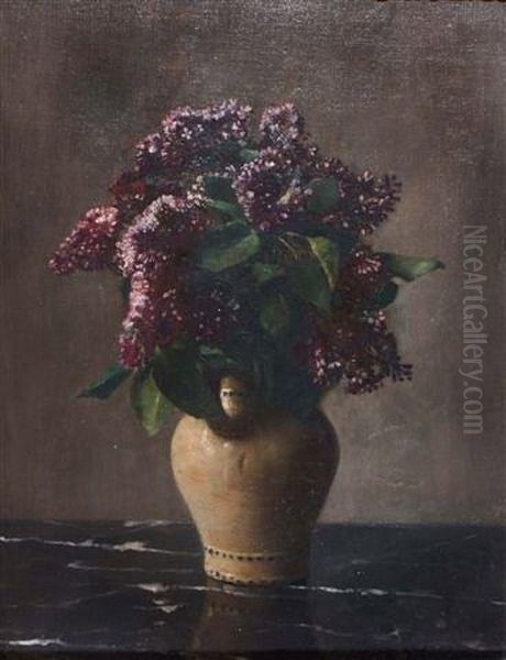 Still Life With A Vase Of Purple Lilac On A Marble Ledge Oil Painting by Otto Scholderer