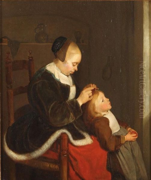 Mother Combing A Child's Hair Oil Painting by Hendrik Jacobus Scholten