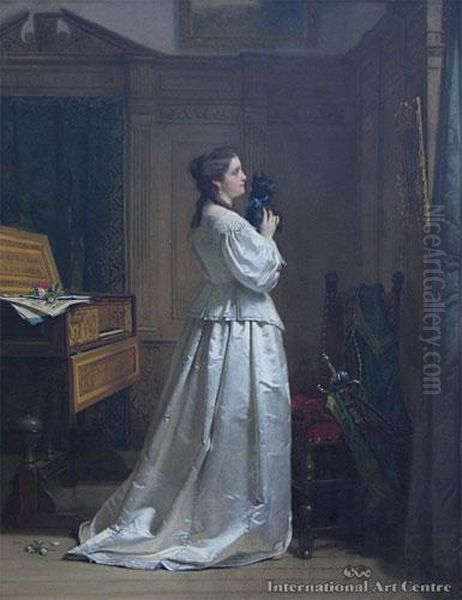 Lady In White Satin Dress With Terrier Oil Painting by Hendrik Jacobus Scholten