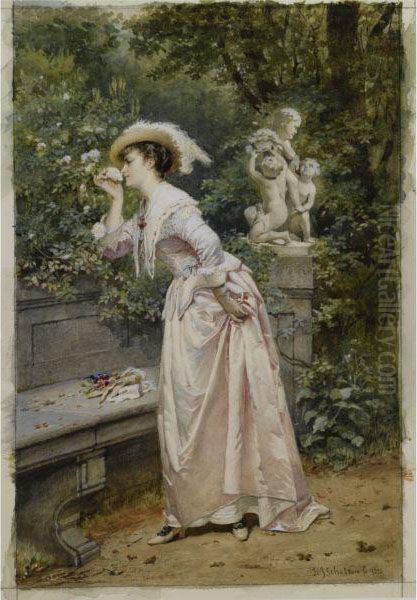 An Elegant Lady Smelling Roses Oil Painting by Hendrik Jacobus Scholten