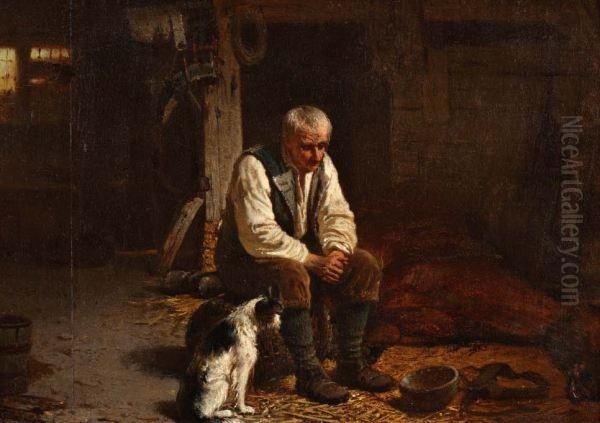 Stalinterieur Met Man En Hond Bij Liggend Paard Oil Painting by Hendrik Jacobus Scholten