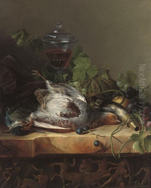 Dead Game, Grapes, Melon And A Glass Of Wine On A Carved Stoneledge Oil Painting by Petrus Nicolas Scholten