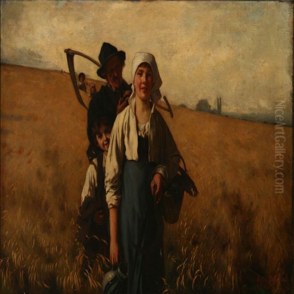 Cornfield Withharvest People Oil Painting by Julius Scholtz