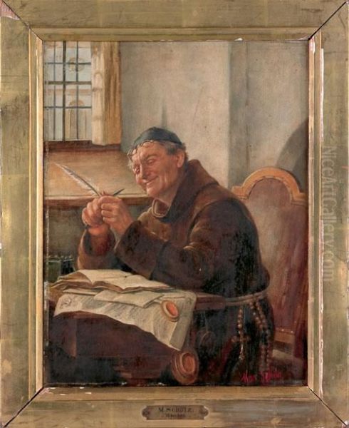 A Monk Sharpening A Quill Oil Painting by Max Scholz