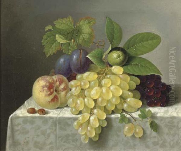 Still Life With Grapes, A Peach And A Lime Oil Painting by Friedrich Wilhelm Schon