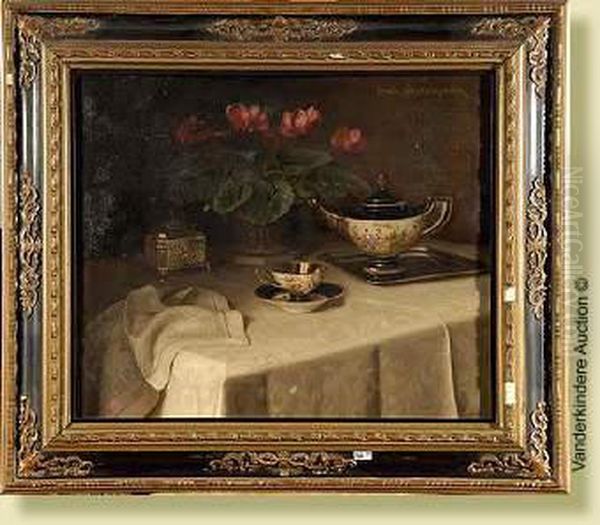 Nature Morte Au Cyclamen Et Au Service A The Oil Painting by I Schonbrunnergnaz