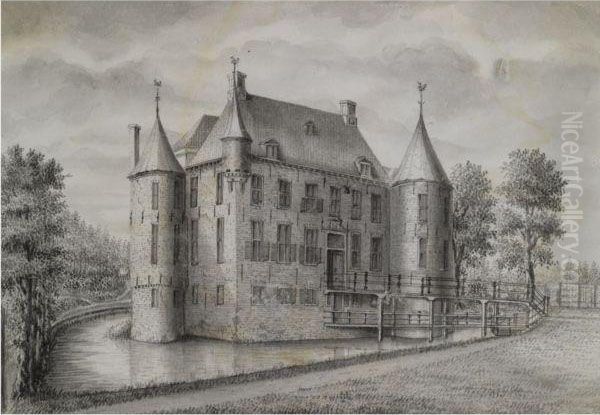 Maasbergen Castle And Surroundings Oil Painting by Philip Willem Schonck