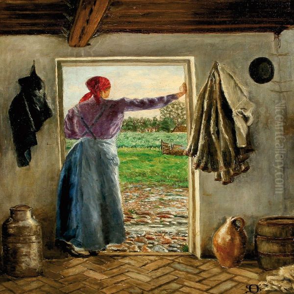 Interior With A Woman In A Doorway Oil Painting by Otto Schondel