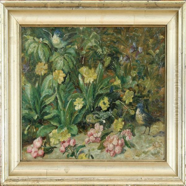 Small Birds By A Bed Of Flowers Oil Painting by Otto Schondel