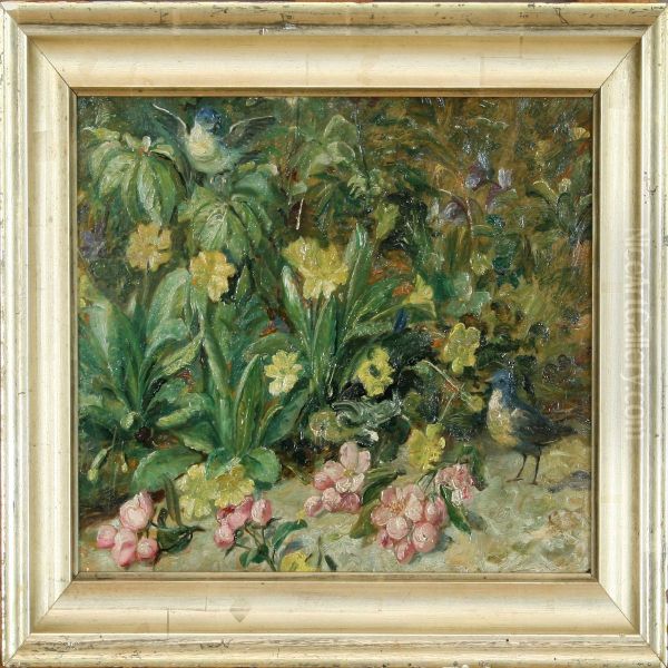 Small Birds By A Bed Of Flowers. Unsigned. Inscribed On The Back Oil Painting by Otto Schondel