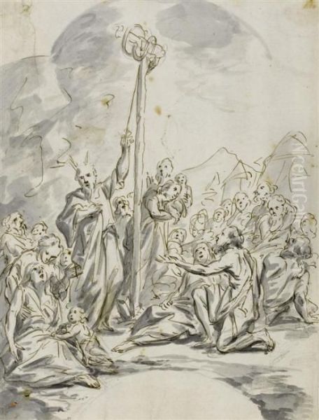 Moses Summons The Protection Of The Bronze Snake Oil Painting by Johann Heinrich Schonfeld