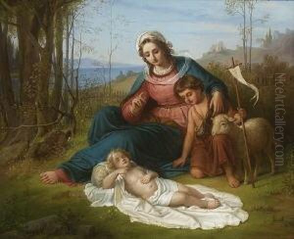 Maria Mit Dem Kind Und Dem
 Johannesknaben. Oil Painting by Karl Gottlob Schonherr