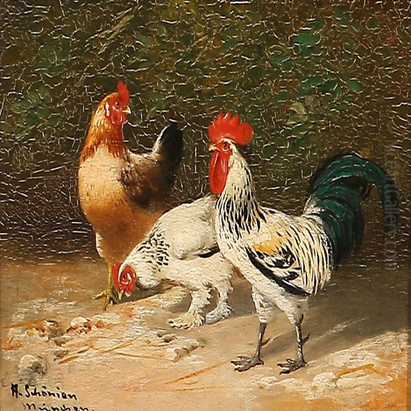 Chickens Oil Painting by Alfred Schonian