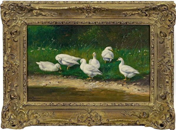 Enten Am Sommerlichenteichufer Oil Painting by Alfred Schonian