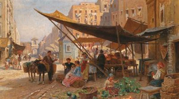 Attribuito/attributed Giorno Del Mercato A Porta Capuana Oil Painting by Alois Schonn