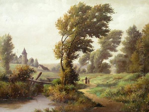 Landscape With River Oil Painting by Julius Schonrock