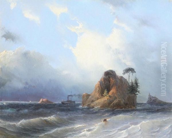 Marine With Steamer Near A Rock Oil Painting by Aegidius Schonstedt