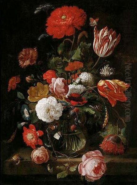 A Still Life Of Tulips, Roses, Blackberries, And Other Flowers In A Glass Vase, On A Stone Ledge Oil Painting by Hendrick Schoock