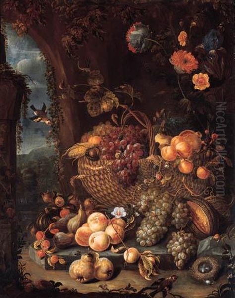 A Basket Of Grapes And Other Fruit On A Stone Ledge With Peaches,grapes, Pears, Melons, Figs And Flowers By A Wall, Bull-finches Anda Nest Nearby Oil Painting by Hendrick Schoock