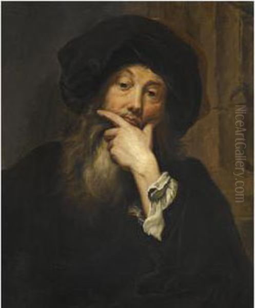 Self-portrait Of The Artist, Half Length, Wearing A Black Hat Oil Painting by Anthoni Schoonjans