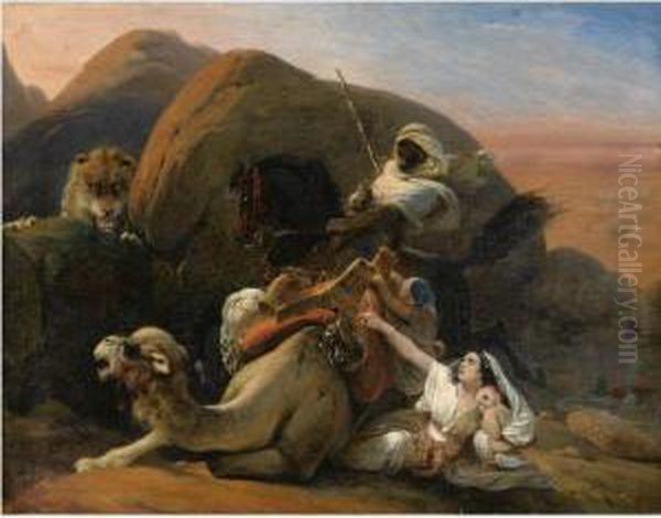 Lion Surprising An Arab Family Oil Painting by Heinrich Schopin