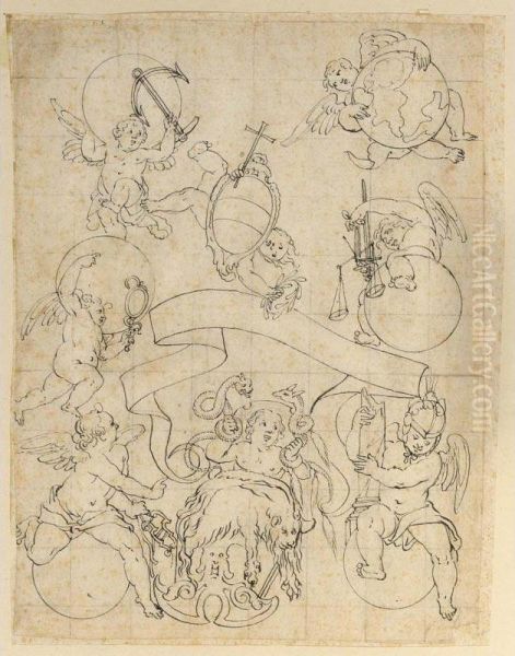 Design For A Ceiling Painting With Putti Holding Shields And Emblems Of The Virtues Oil Painting by Giovanni Paolo Schor