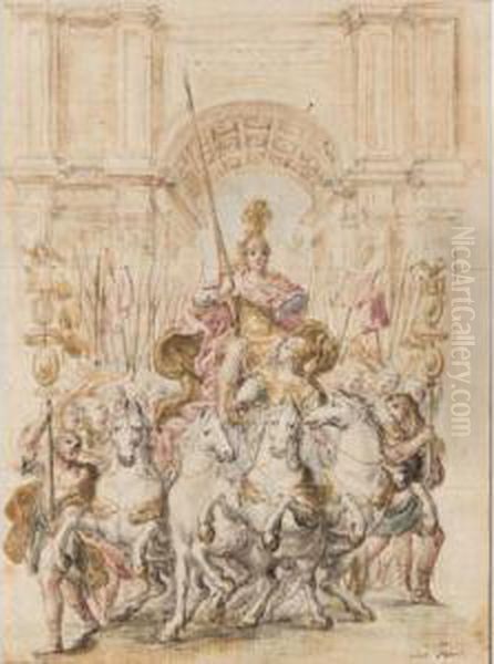 A Triumphal Arch With A Roman Emperor On A Quadriga Surrounded By Legionaries Oil Painting by Giovanni Paolo Schor