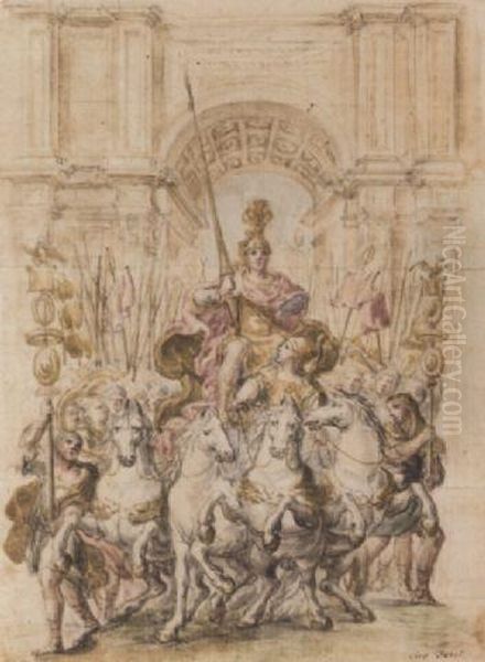 Triumphal Arch With A Roman Emperor On A Quadriga Surrounded Oil Painting by Giovanni Paolo Schor