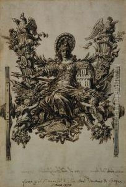 Design For The Chariot For The Entry Of Don Gaspar Mndez De Haro,marqus Del Carpio And De Helliche As Spanish Ambassador To Rome In1673: An Allegorical Female Figure Seated On A Chariot Holding Thearms Of Castille And Flanked With The Habsburg Arms And Mo Oil Painting by Giovanni Paolo Schor