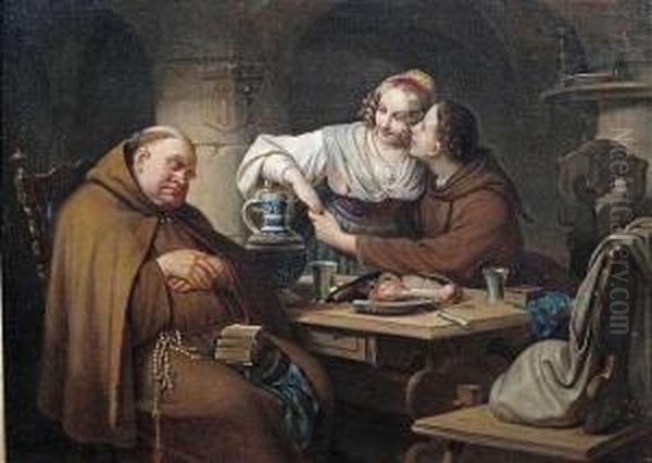 In A Cellar. 
Sleeping Friar With Lovers. Oil Painting by Carl Schorn