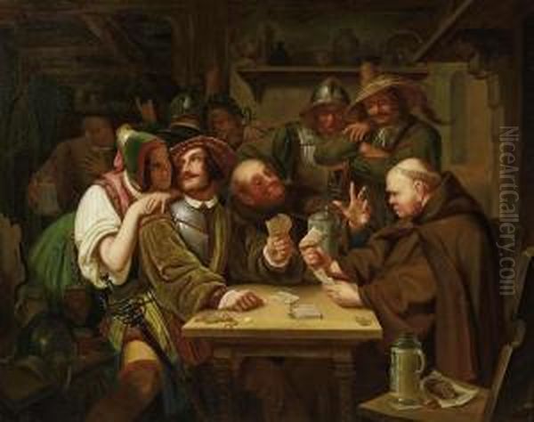 Card Game In The Tavern Oil Painting by Carl Schorn