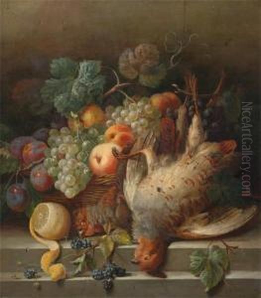 Still Life, Fruit In A Basket With Dead Game Oil Painting by Francina Louise Schot-Martin