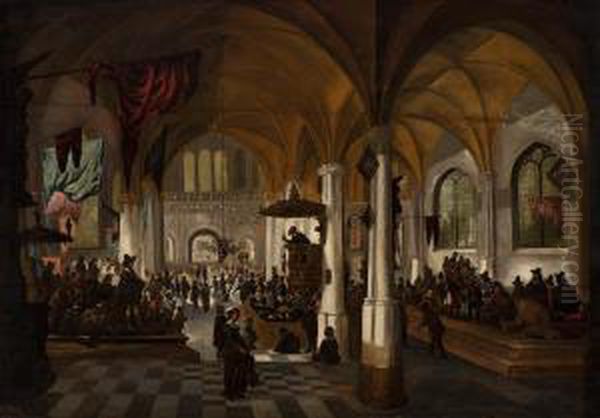 Interior Of A Protestant Church Oil Painting by Petrus Schotanus