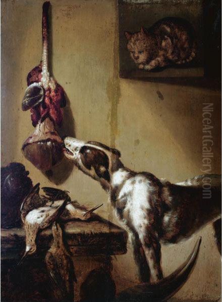 A Kitchen Interior With A Dog Tasting Meat Hanging From The Wall Oil Painting by Petrus Schotanus