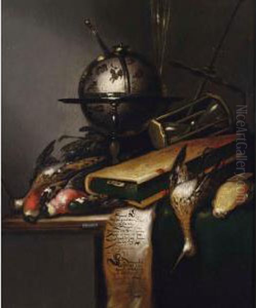 A Vanitas Still Life With Godwits, Robins, A Finch, A Celestial Globe, A Book And An Hourglass. Oil Painting by Petrus Schotanus