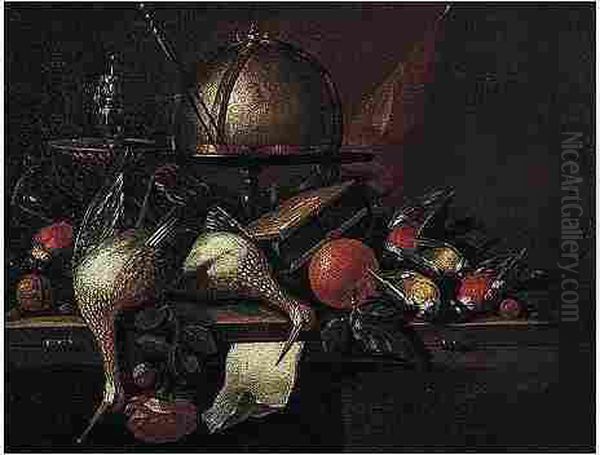 Still Life Of A Globe, A Candlestick, Birds, Hour Glass, Nuts, An Orange And A Rose, Arranged Upon A Wooden Table Top Oil Painting by Petrus Schotanus