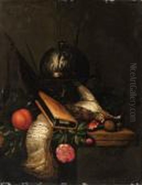 A Celestial Globe, A Banner, A Peach, An Hourglass, Books, Roses, Adead Snipe, A Bullfinch, A Great Tit, A Hazelnut And A Walnut On Atable Oil Painting by Petrus Schotanus