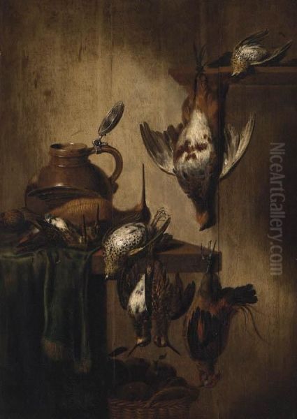 A Dead Partridge, Snipe, Woodcock And Other Birds With A Flask Andwalnuts On A Draped Table, A Basket Of Apples Below Oil Painting by Petrus Schotanus