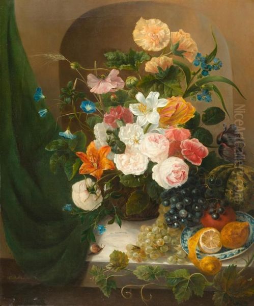 Blumenstilleben Mit Zitronen, Trauben, Melone Und Orange. Oil Painting by Christina Petronella Schotel