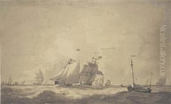 A Fleet On The Open Sea In High Winds Oil Painting by Johannes Christian Schotel