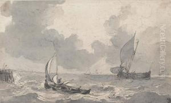 Fishing Boats In A Rough Sea Oil Painting by Johannes Christian Schotel