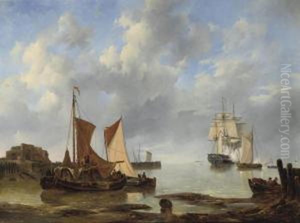 Shipping In An Estuary With A Three-master Saluting In Thedistance Oil Painting by Johannes Christian Schotel