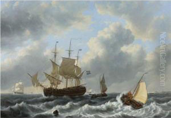 A Threemast And Other Vessels In An Estuary Oil Painting by Johannes Christian Schotel