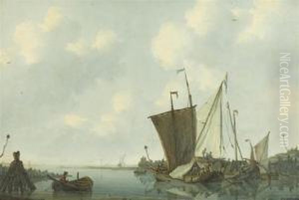 Coastline With Sailing Ships At Anchor Oil Painting by Johannes Christian Schotel