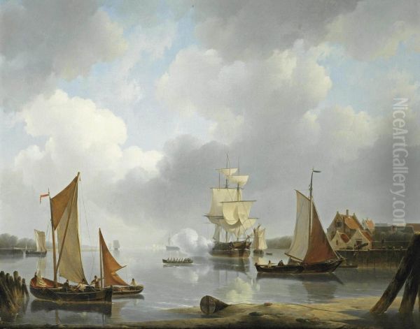 A Frigate Firing A Salute In The Harbor Entrance Oil Painting by Petrus Jan Schotel