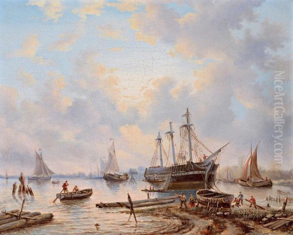 Ships In Harbour Oil Painting by Petrus Jan Schotel